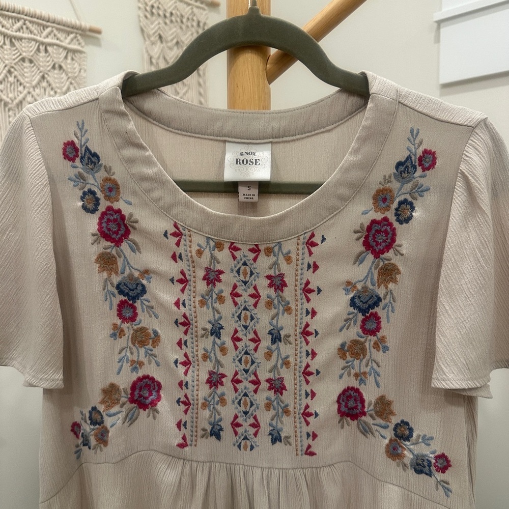 Knox Rose Embroidered Boho Peasant Top Cream Floral Blouse S - Picture 3 of 5